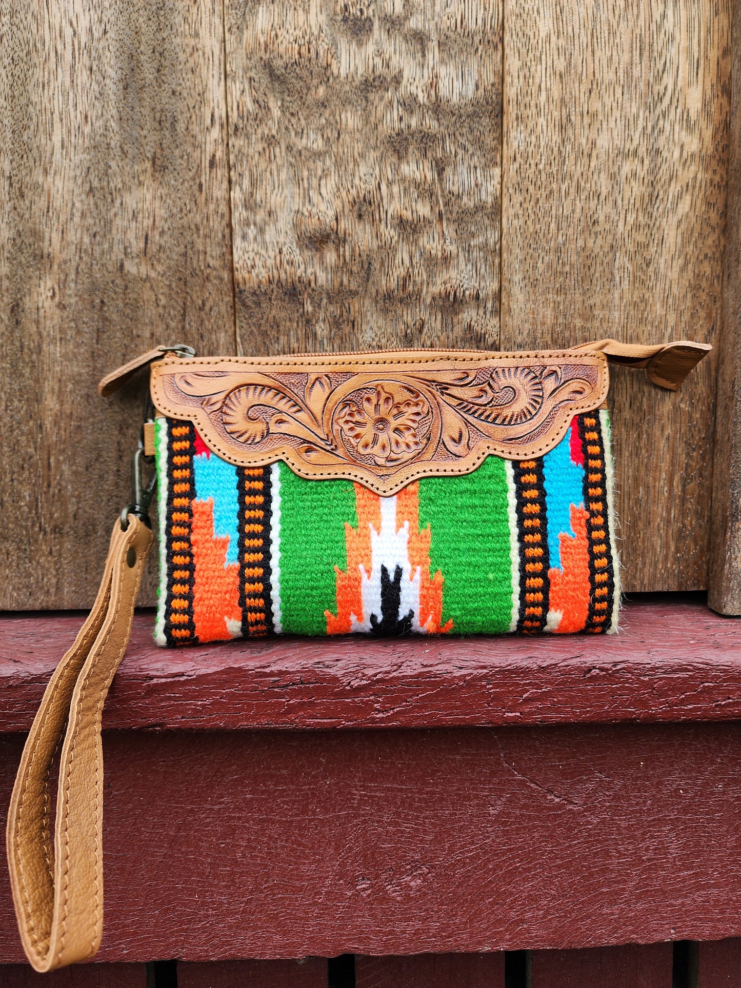 Tooled Saddle blanket clutch - Green / orange