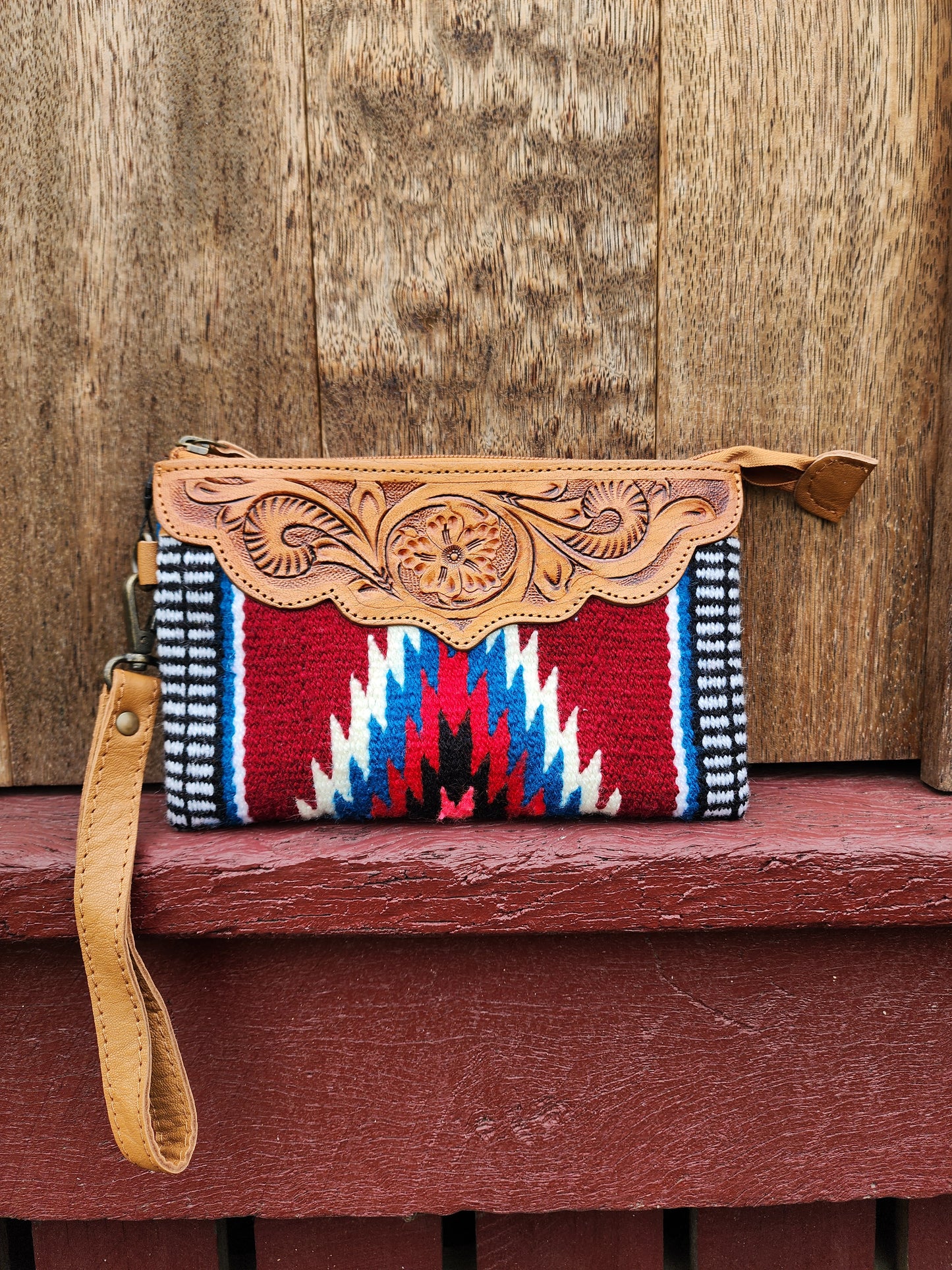 Tooled Saddle blanket clutch - Burgundy/ Blue