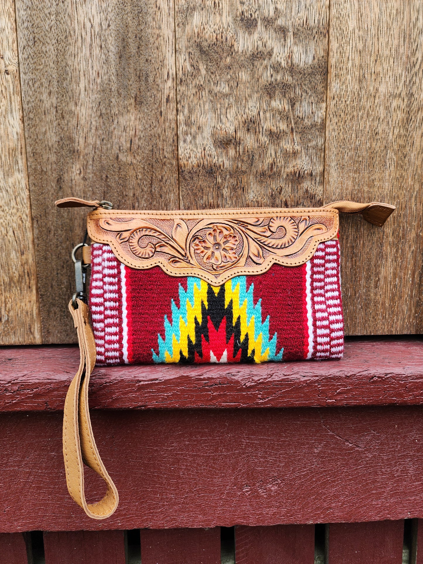 Tooled Saddle blanket clutch - Burgundy/ Teal