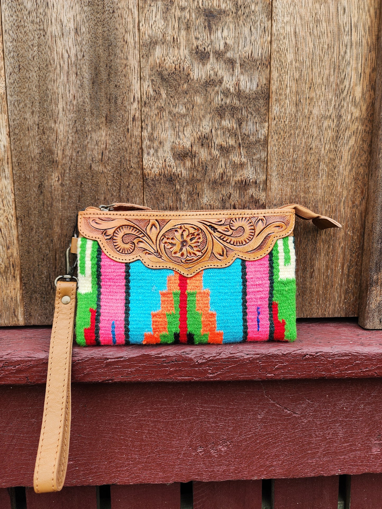 Tooled Saddle blanket clutch -Sky blue/ Pink