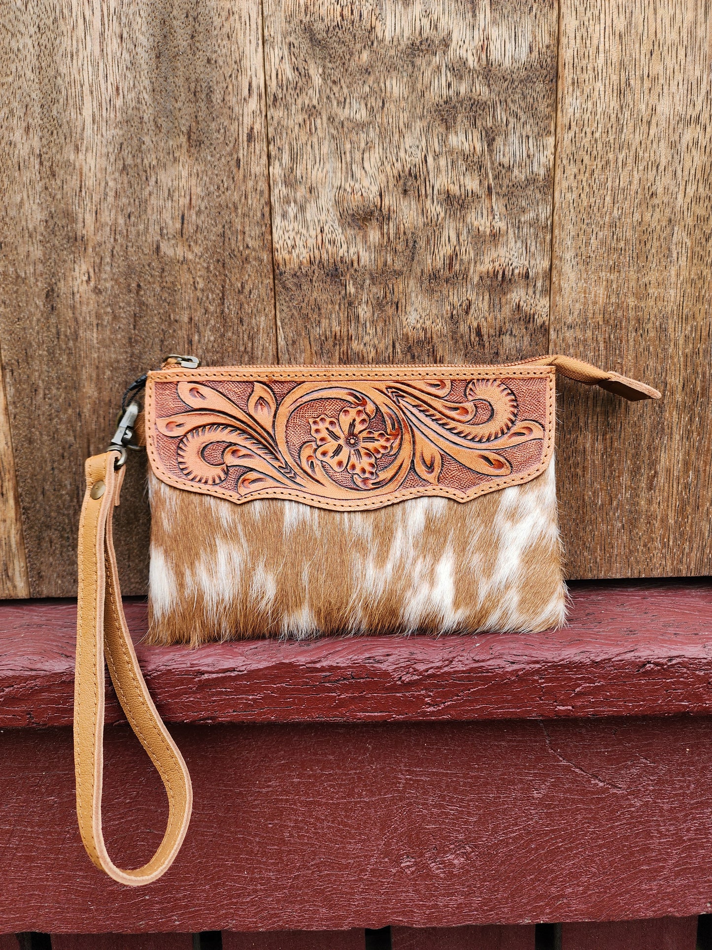 Tooled hide clutch- Tan #03