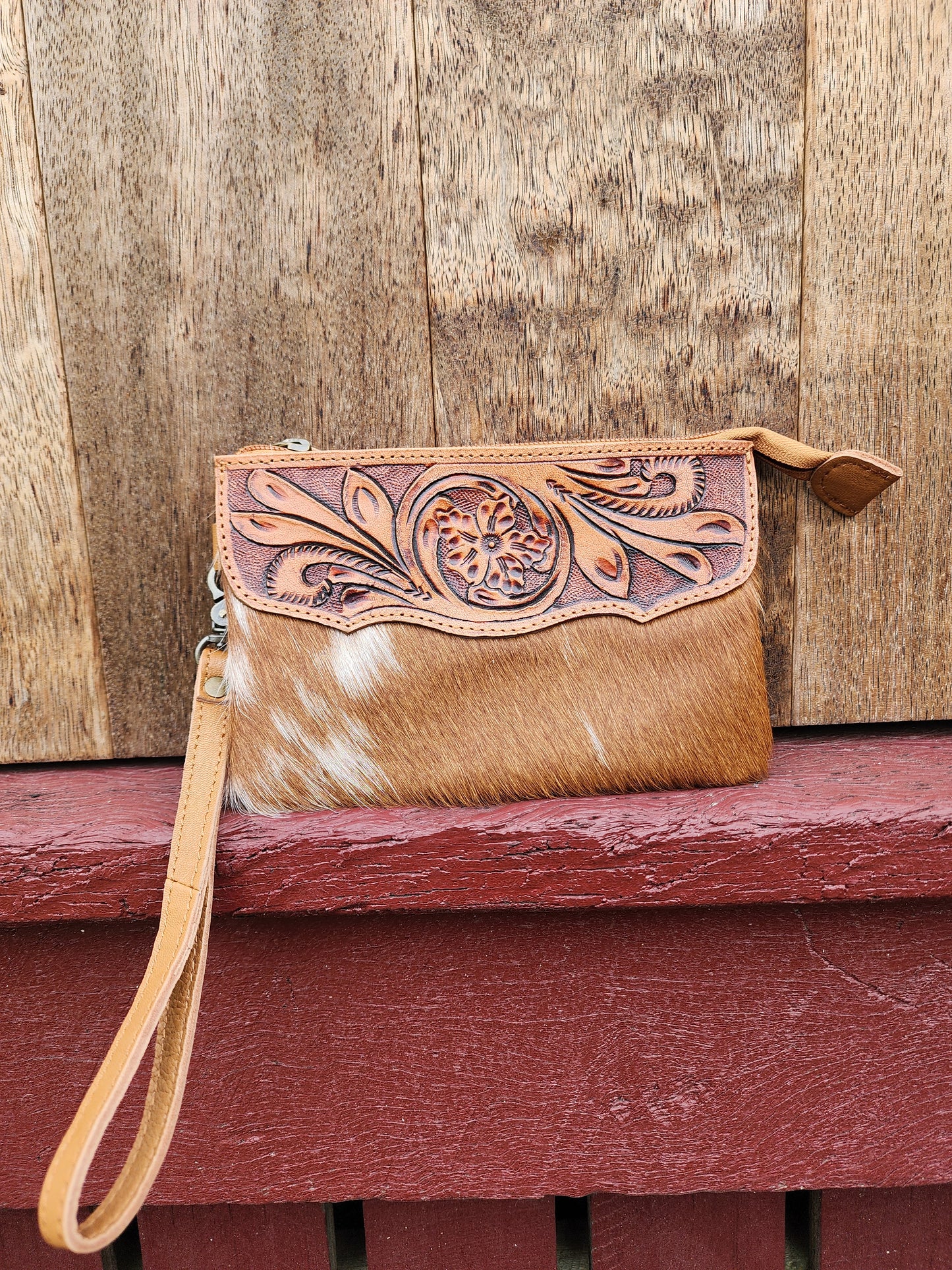 Tooled hide clutch- Tan #04