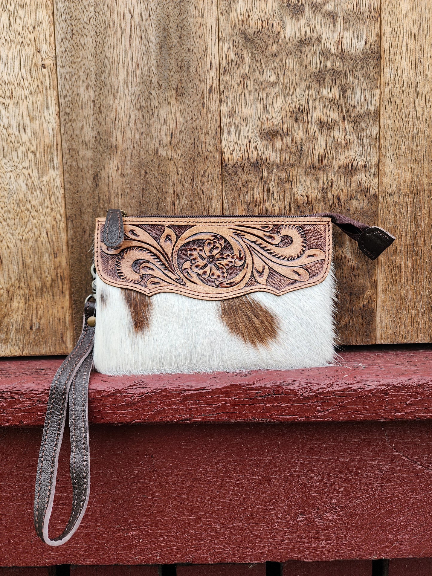 Tooled hide clutch- Brown #07