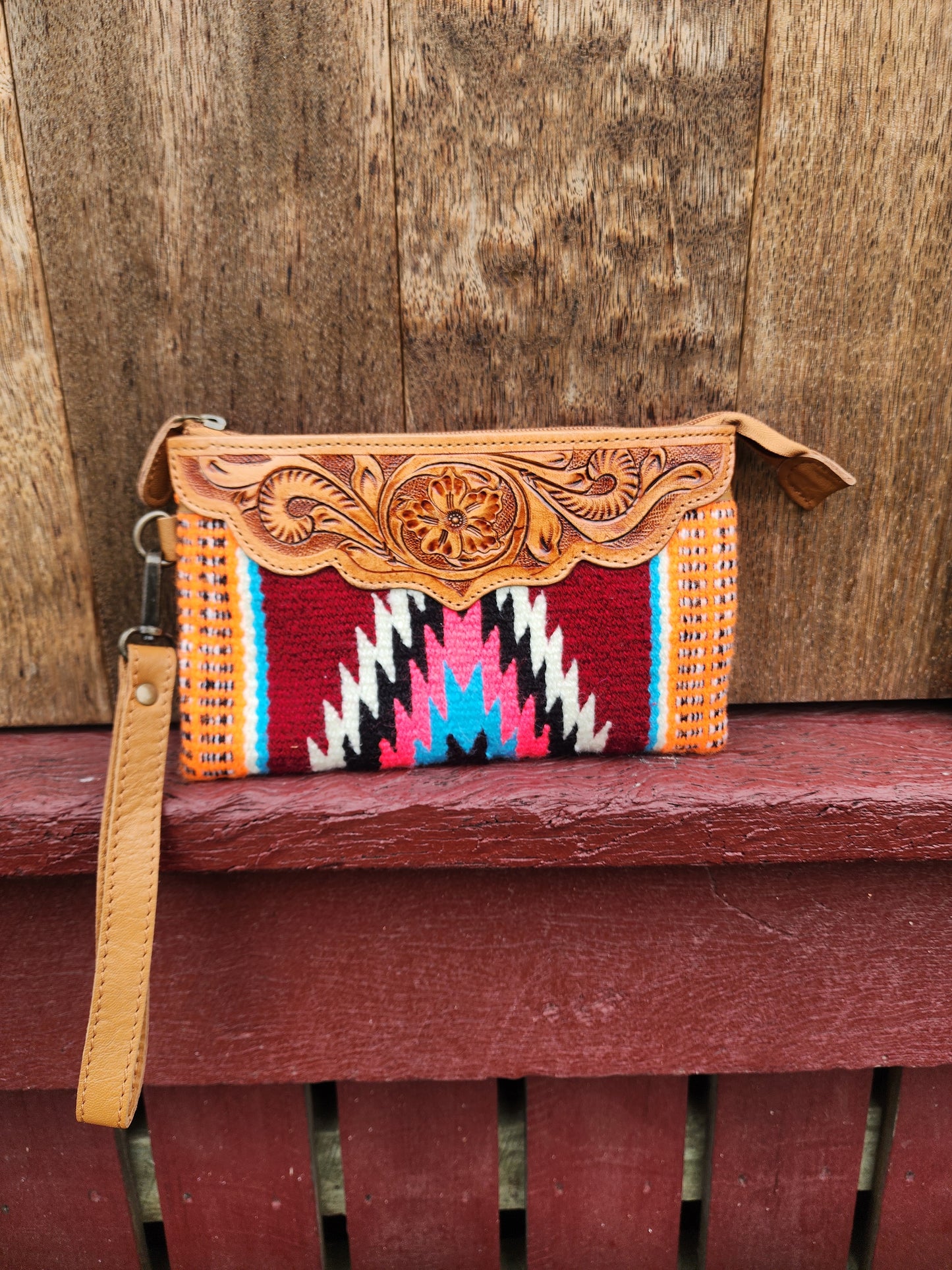 Tooled Saddle blanket clutch - Burgundy/Orange/sky blue