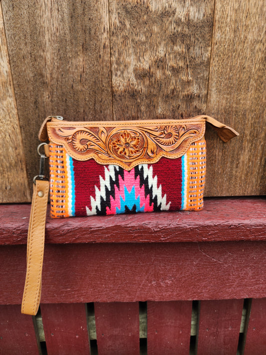 Tooled Saddle blanket clutch - Burgundy/Orange/sky blue