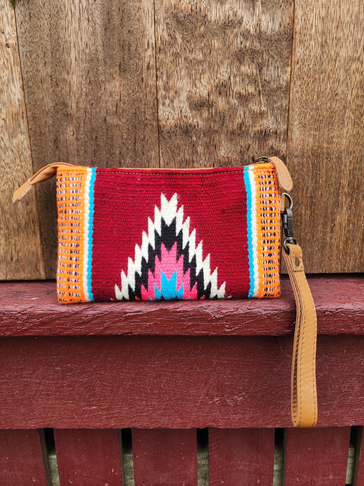 Tooled Saddle blanket clutch - Burgundy/Orange/sky blue