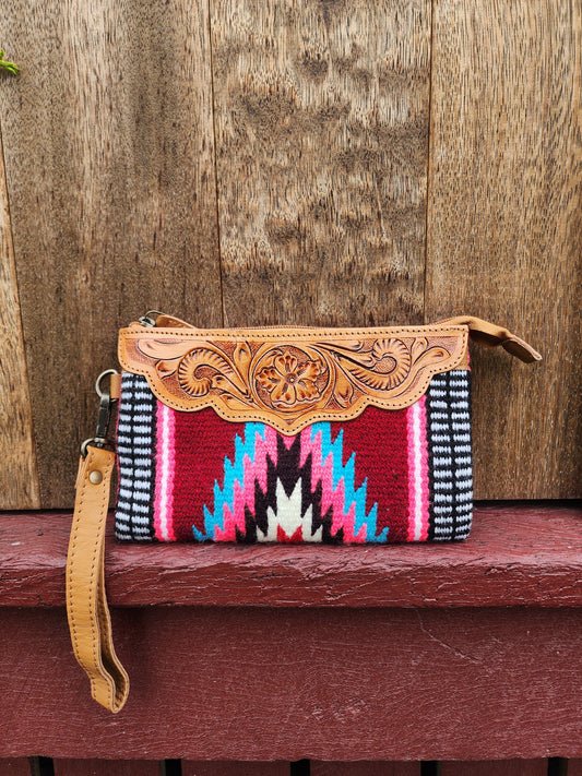 Tooled Saddle blanket clutch - Burgundy/Pink/Black