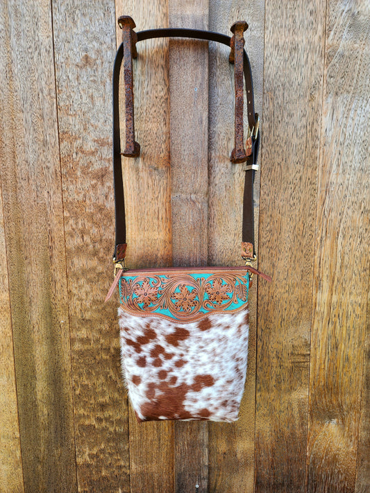 Turquoise Hand tooled leather cross body bag #01