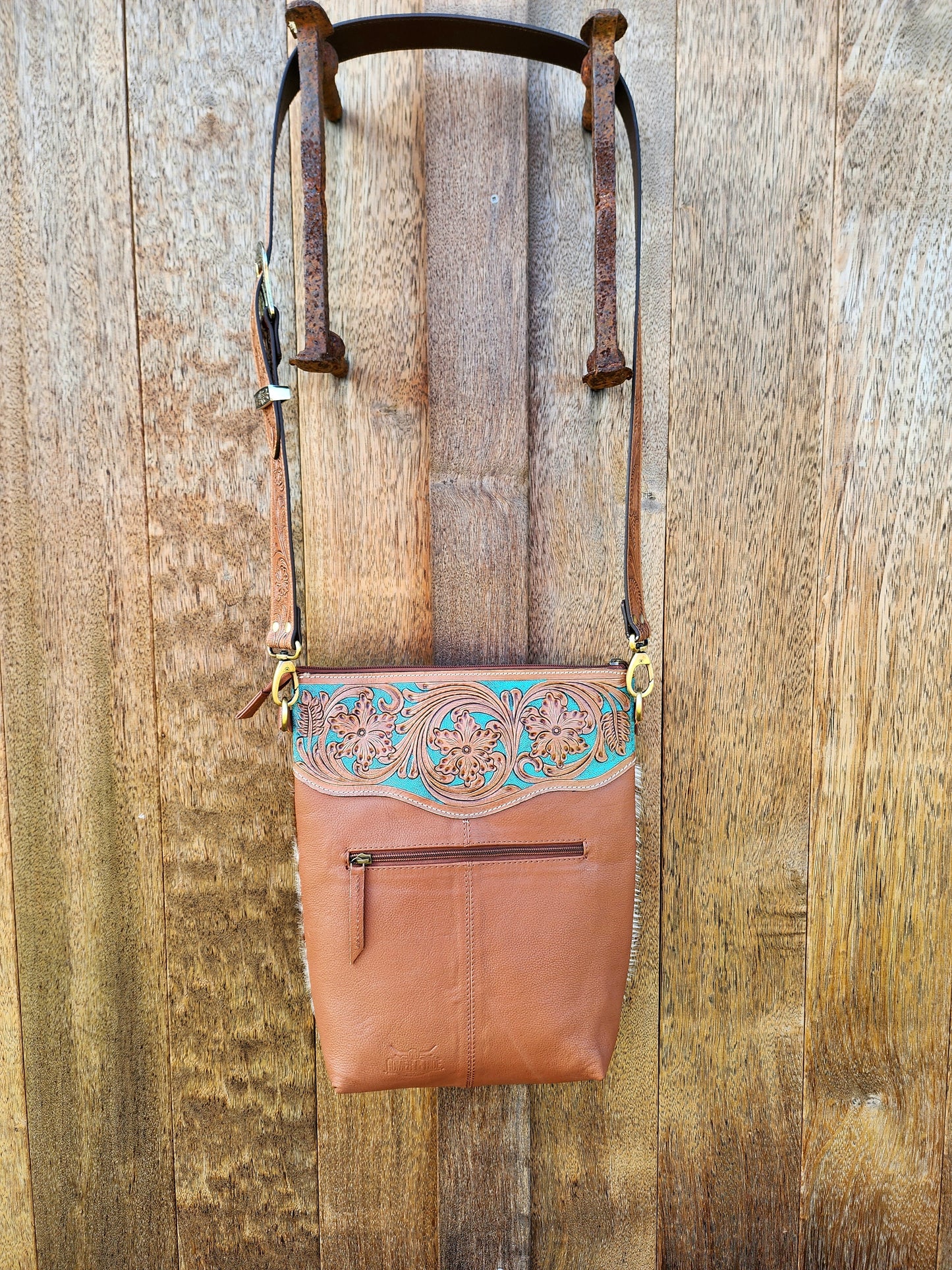 Turquoise Hand tooled leather cross body bag #01