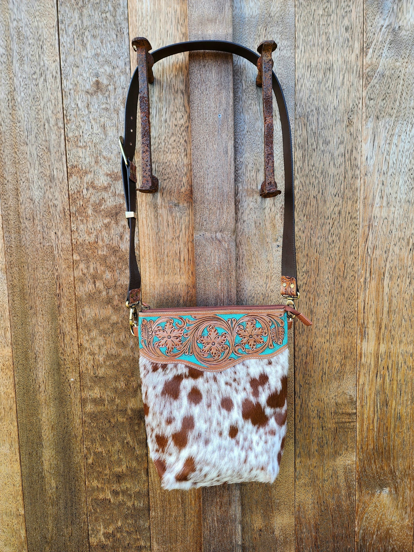 Turquoise Hand tooled leather cross body bag #02