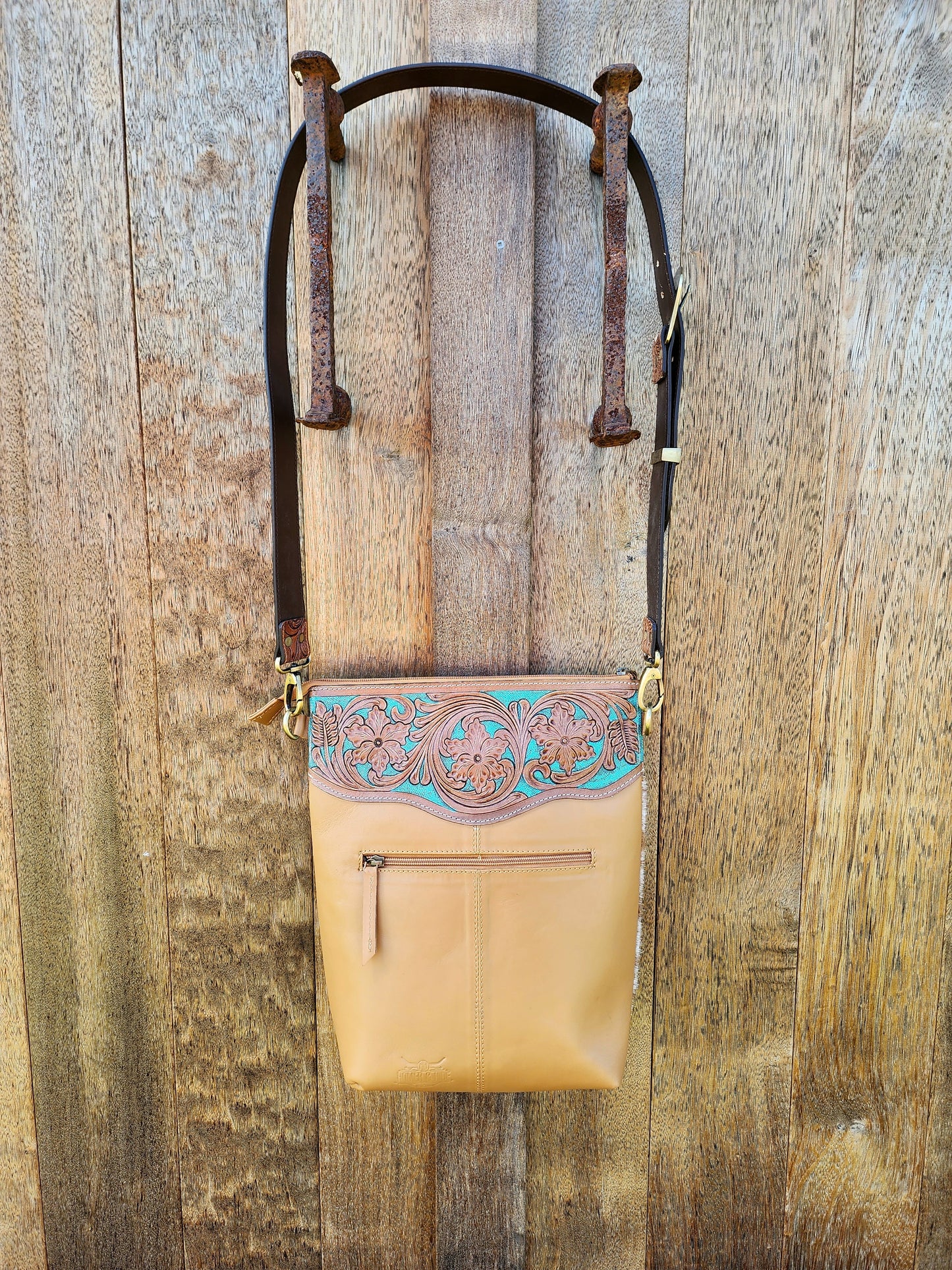 Turquoise Hand tooled leather cross body bag #05