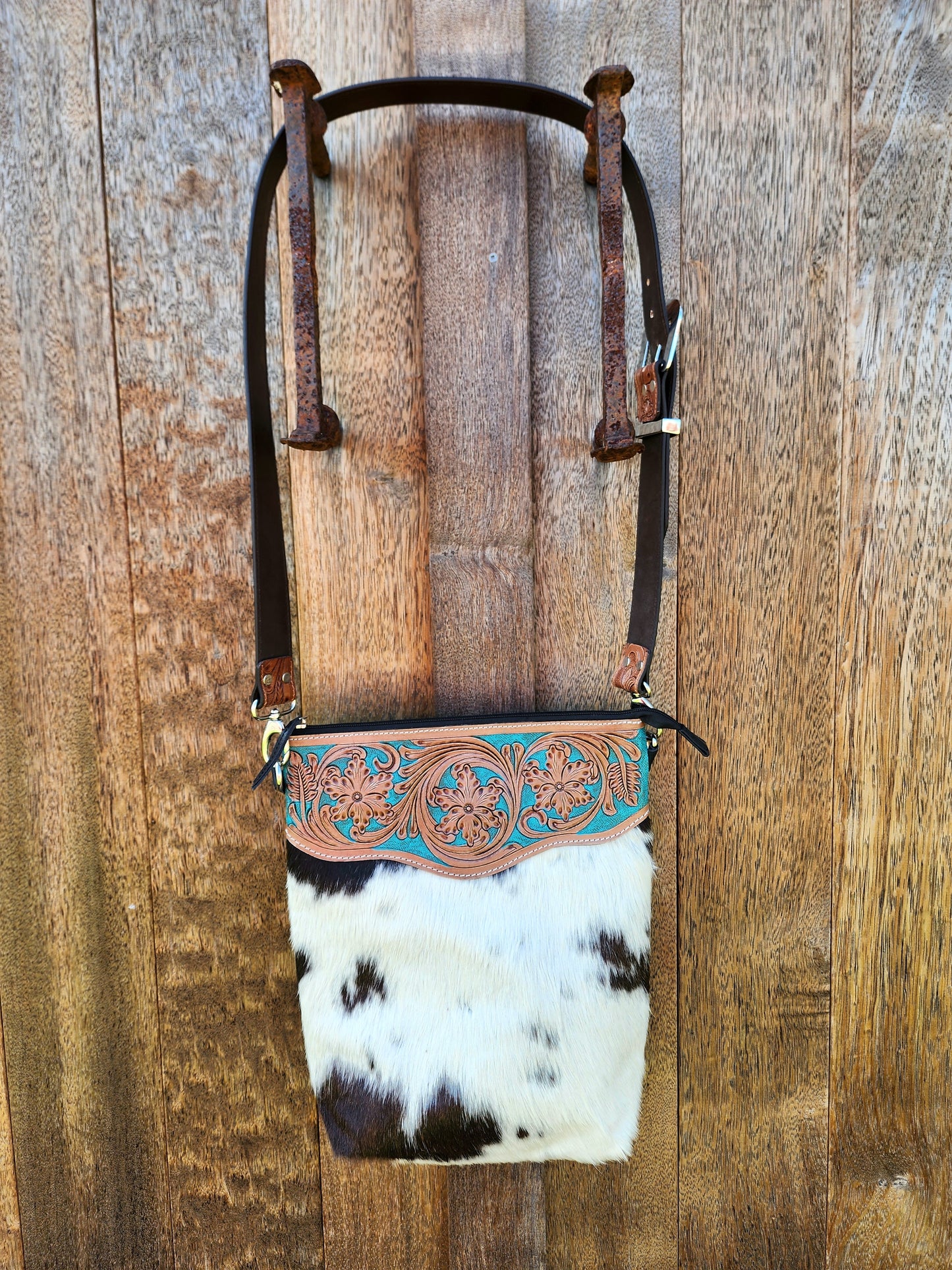 Turquoise Hand tooled leather cross body bag #04