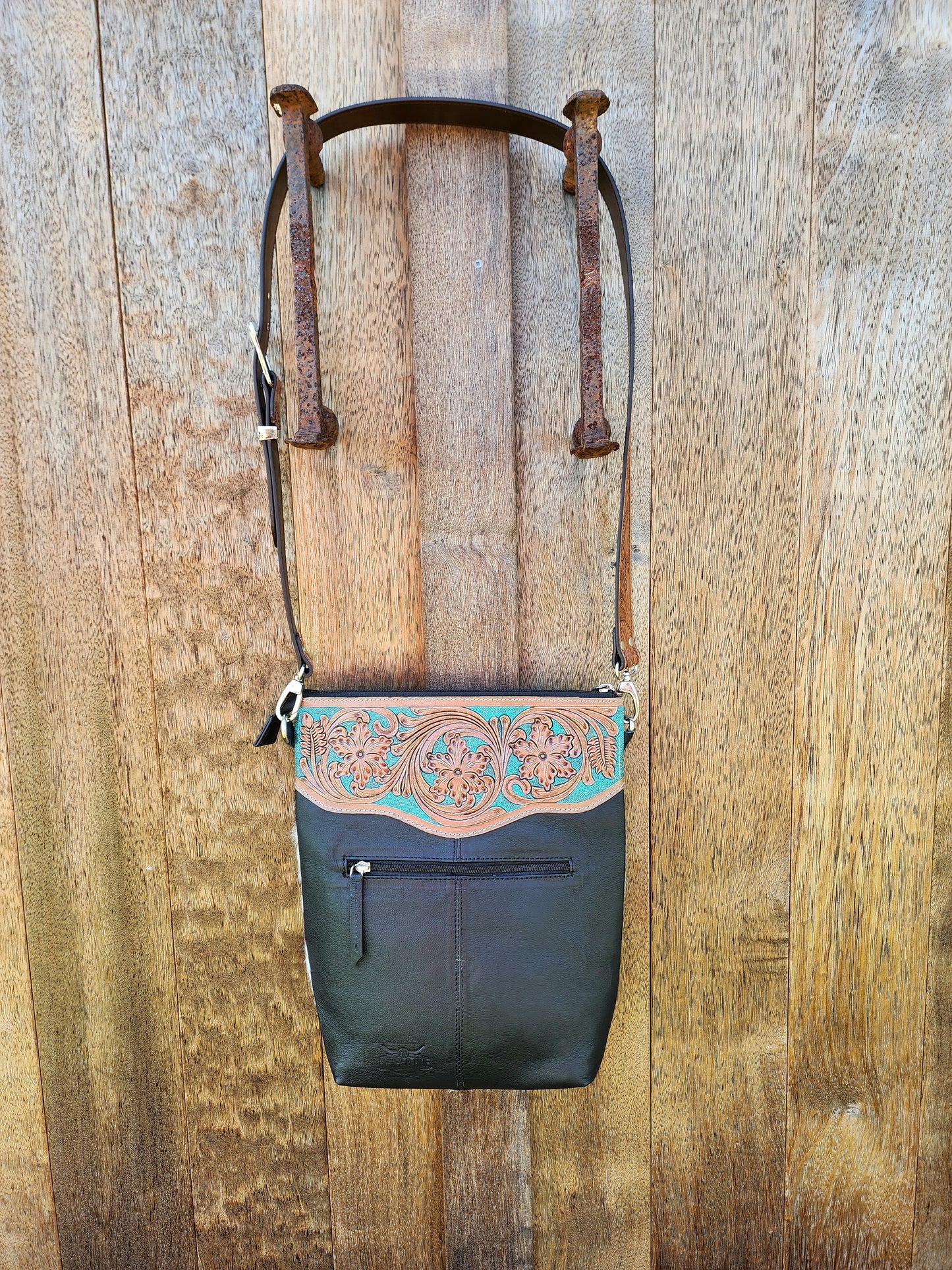 Turquoise Hand tooled leather cross body bag #04