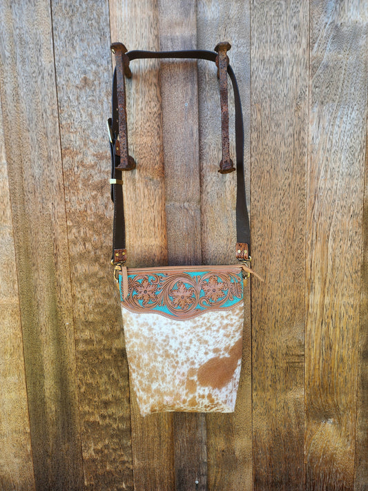 Turquoise Hand tooled leather cross body bag #05