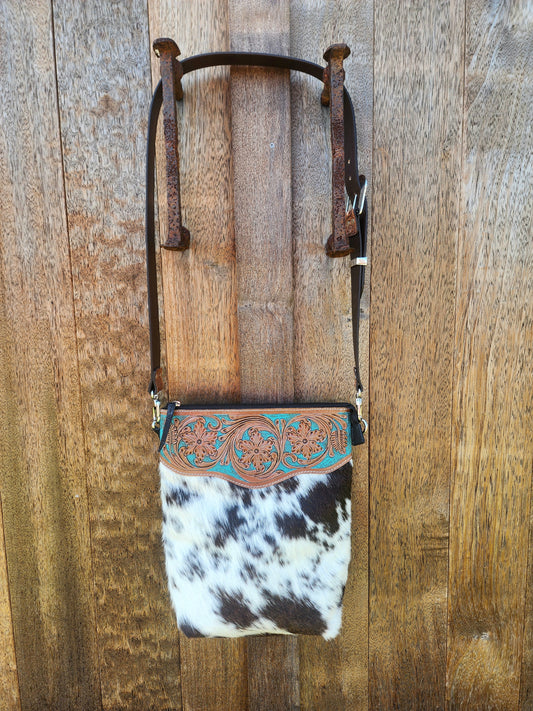 Turquoise Hand tooled leather cross body bag #06