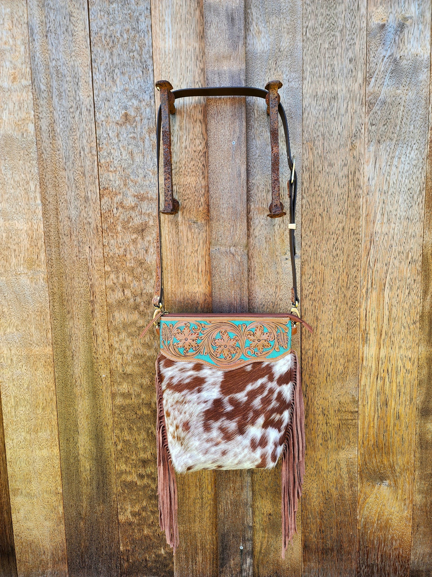 Turquoise Hand tooled leather cross body bag with Tassels #01