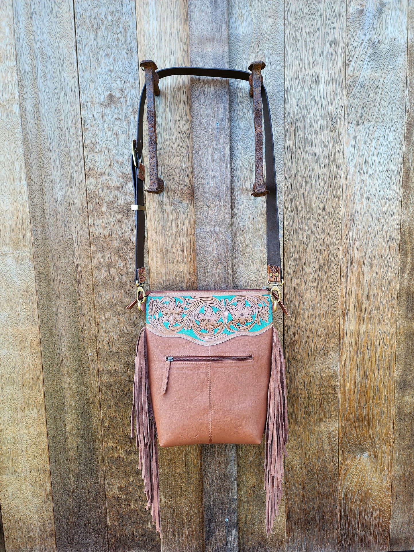 Turquoise Hand tooled leather cross body bag with Tassels #01