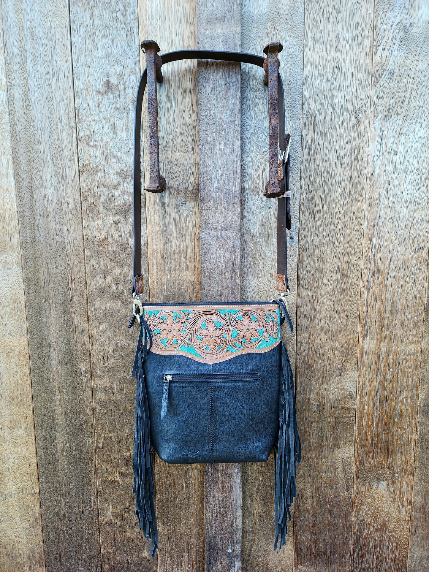 Turquoise Hand tooled leather cross body bag with Tassels #03