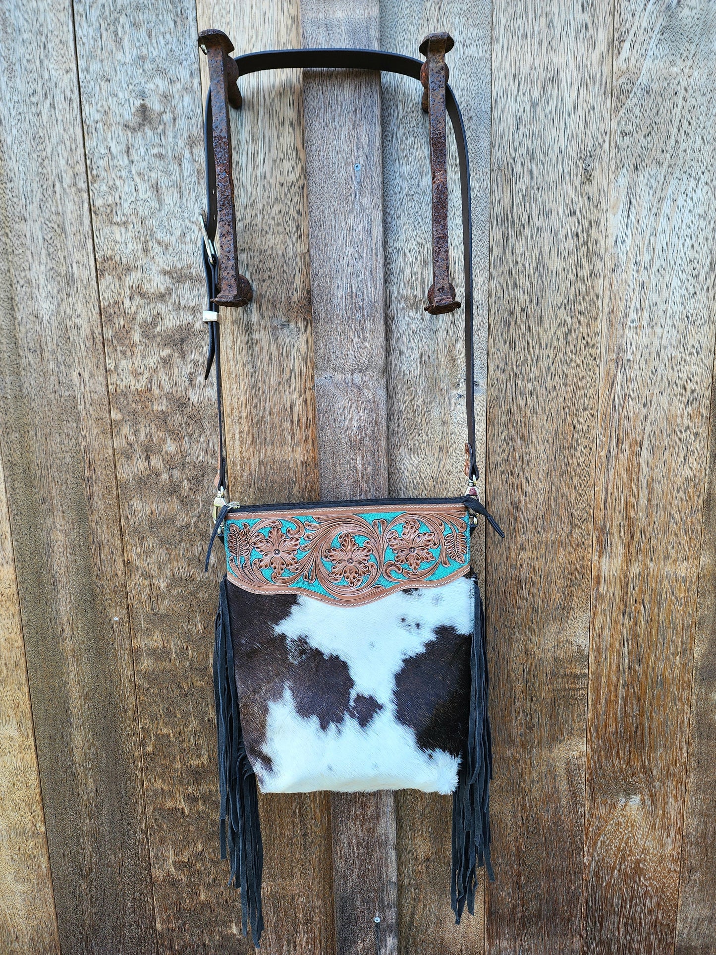 Turquoise Hand tooled leather cross body bag with Tassels #03