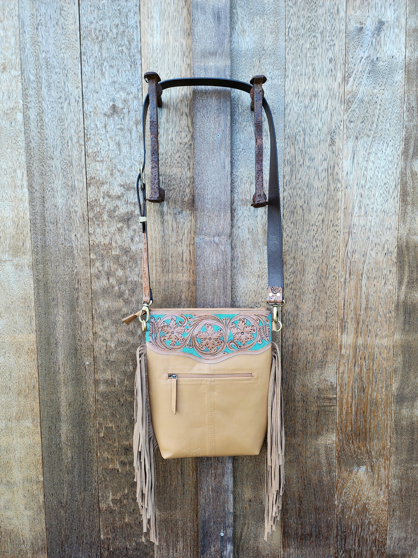 Turquoise Hand tooled leather cross body bag with Tassels #04