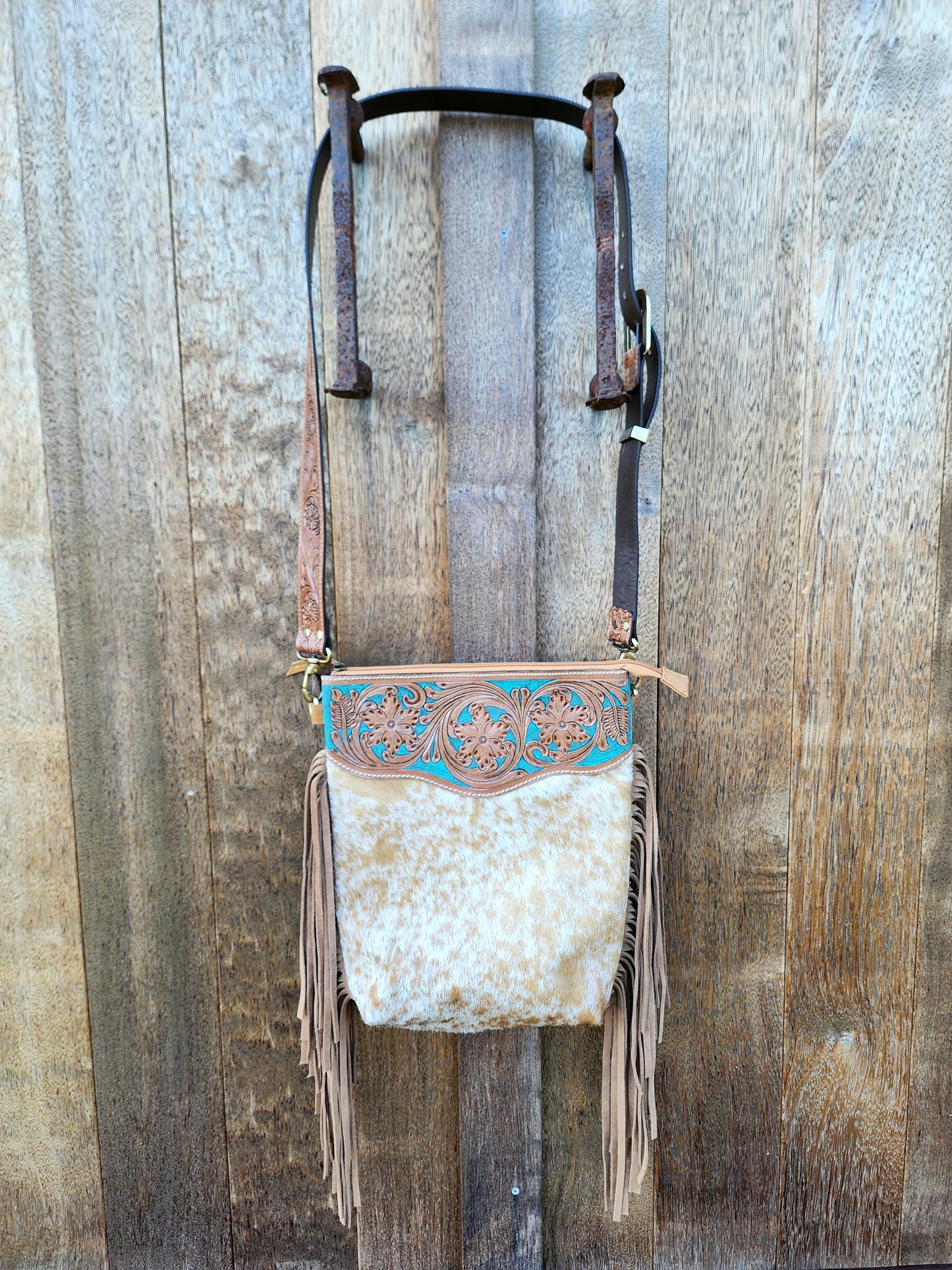 Turquoise Hand tooled leather cross body bag with Tassels #04