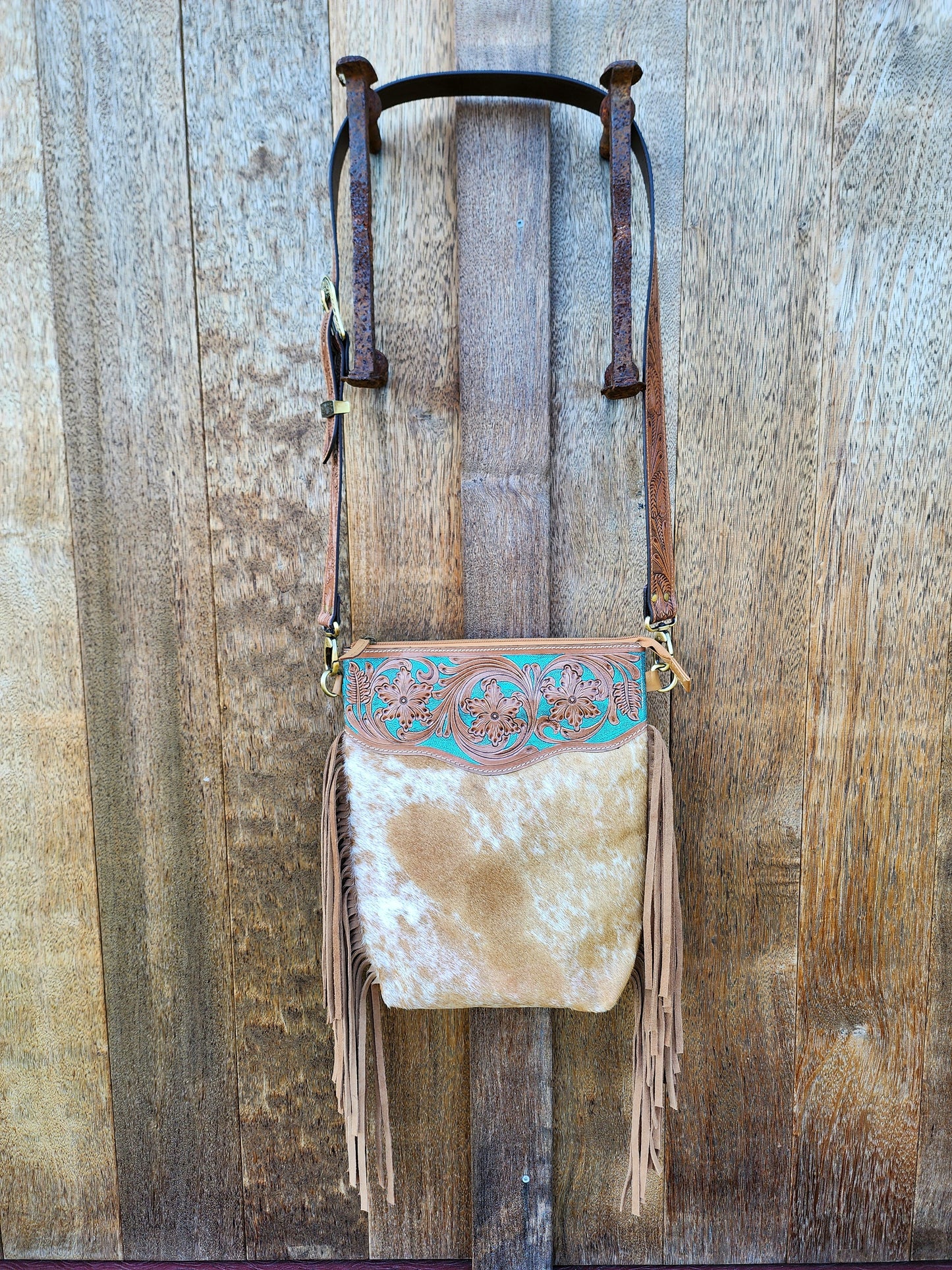 Turquoise Hand tooled leather cross body bag with Tassels #05