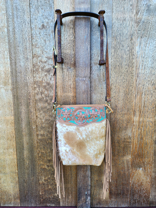 Turquoise Hand tooled leather cross body bag with Tassels #05