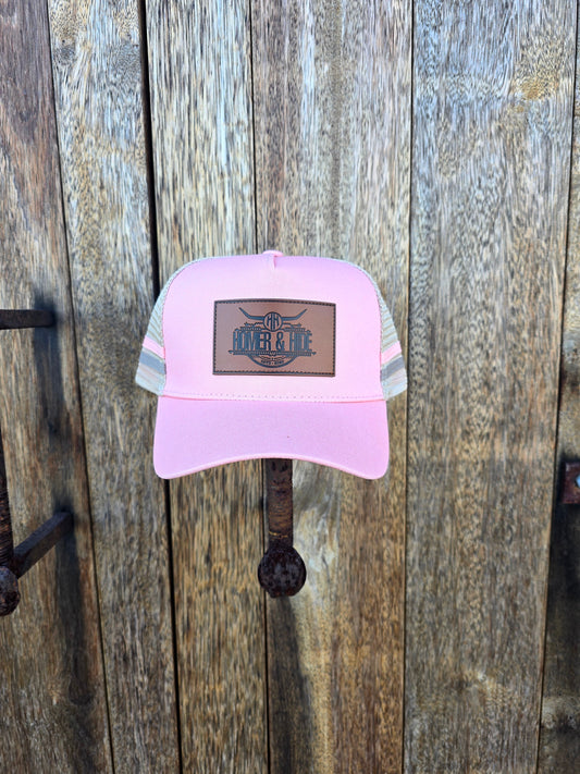 Pink on stone highland cow under brim pony cap (patch)