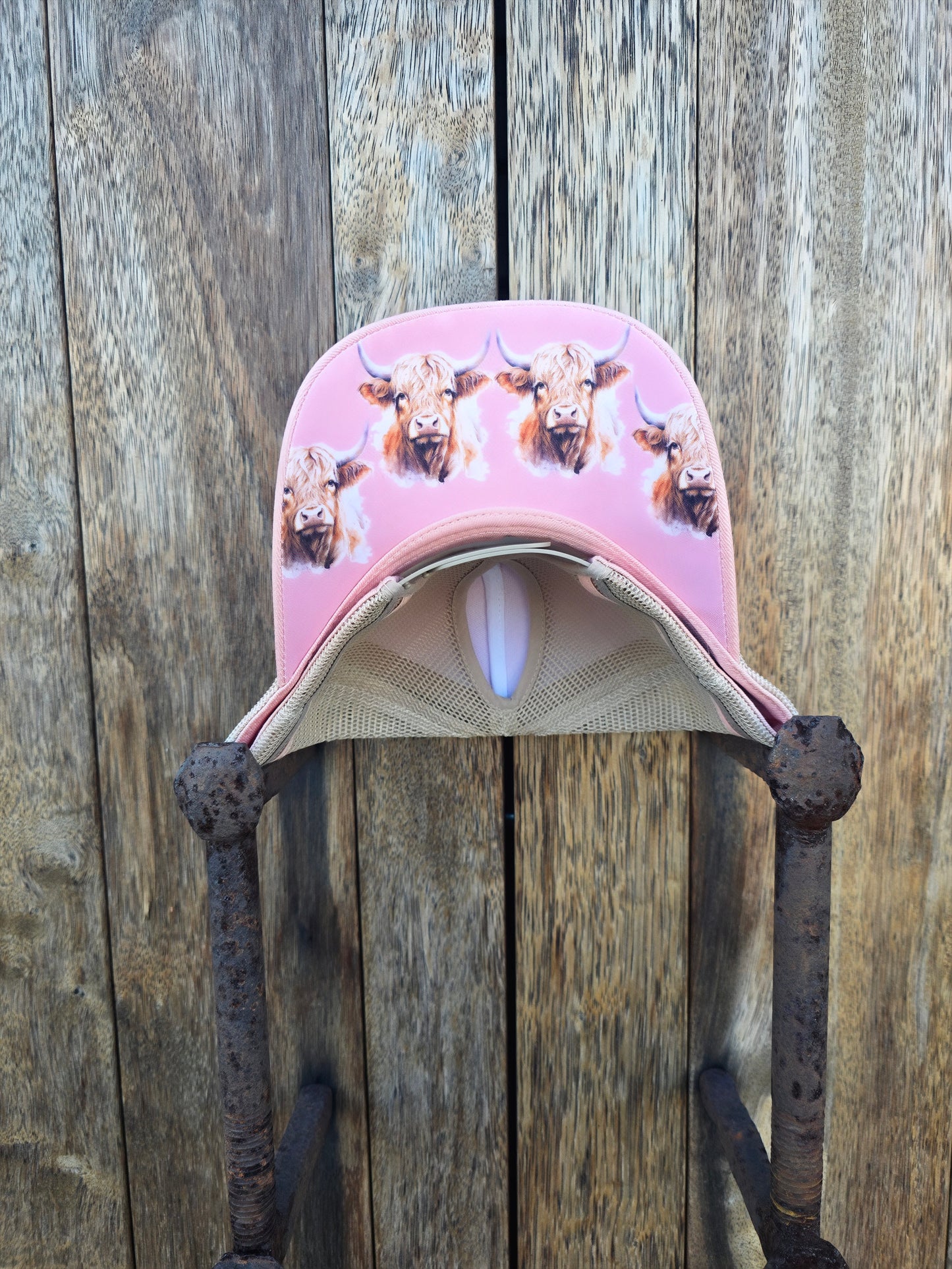 Pink on stone highland cow under brim pony cap (patch)