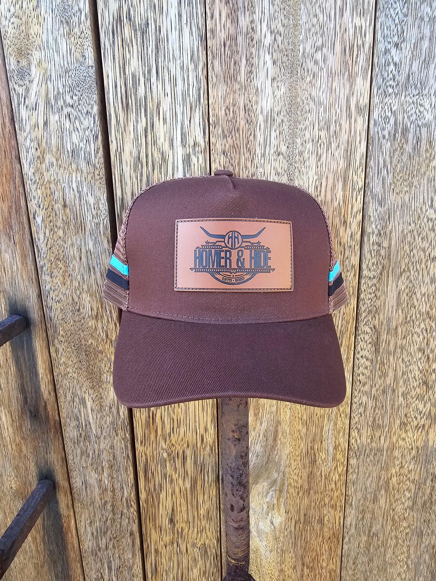 Brown with imitation cowhide print under brim pony cap (patch)