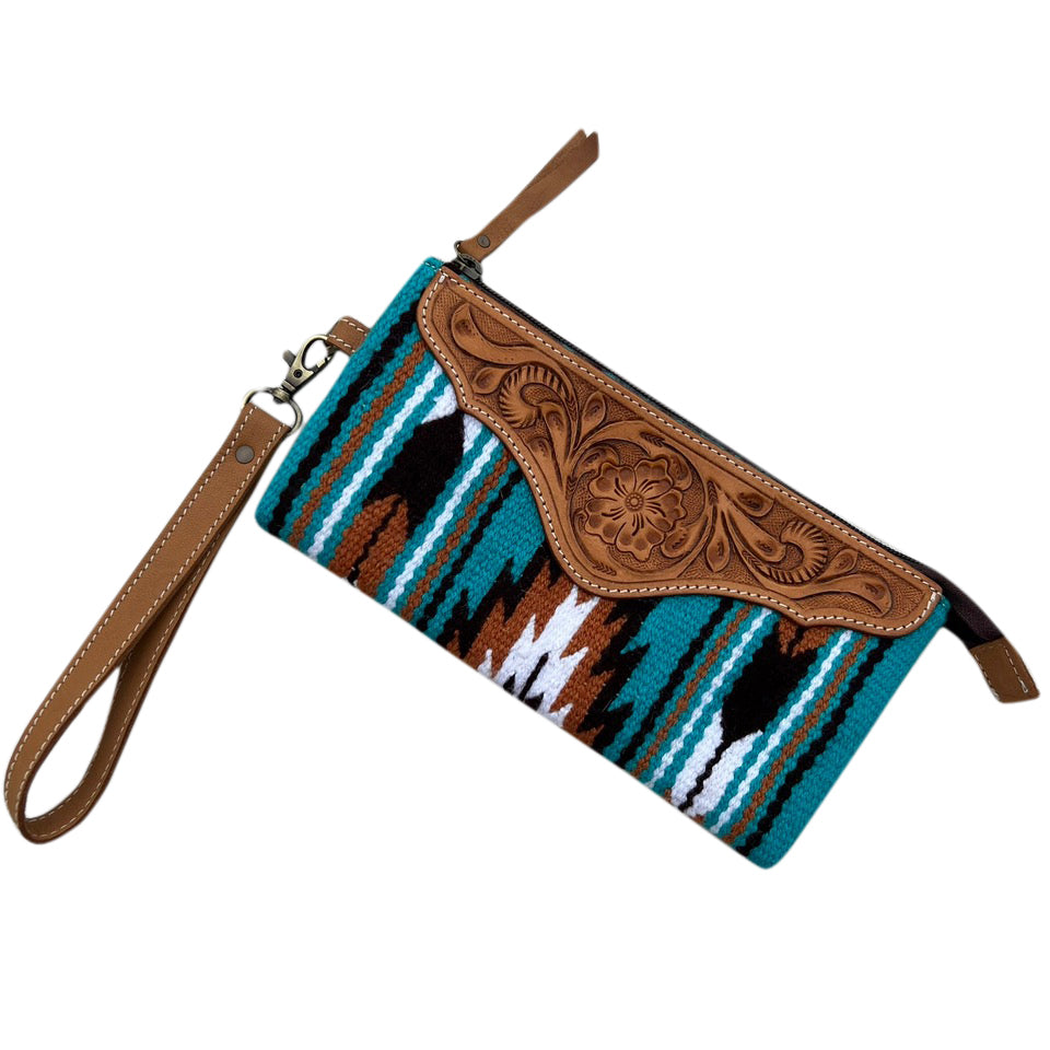 Tooled Saddle blanket clutch-Turquoise