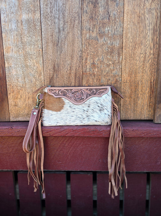 Large tooled hide clutch with tassels-Brown #03