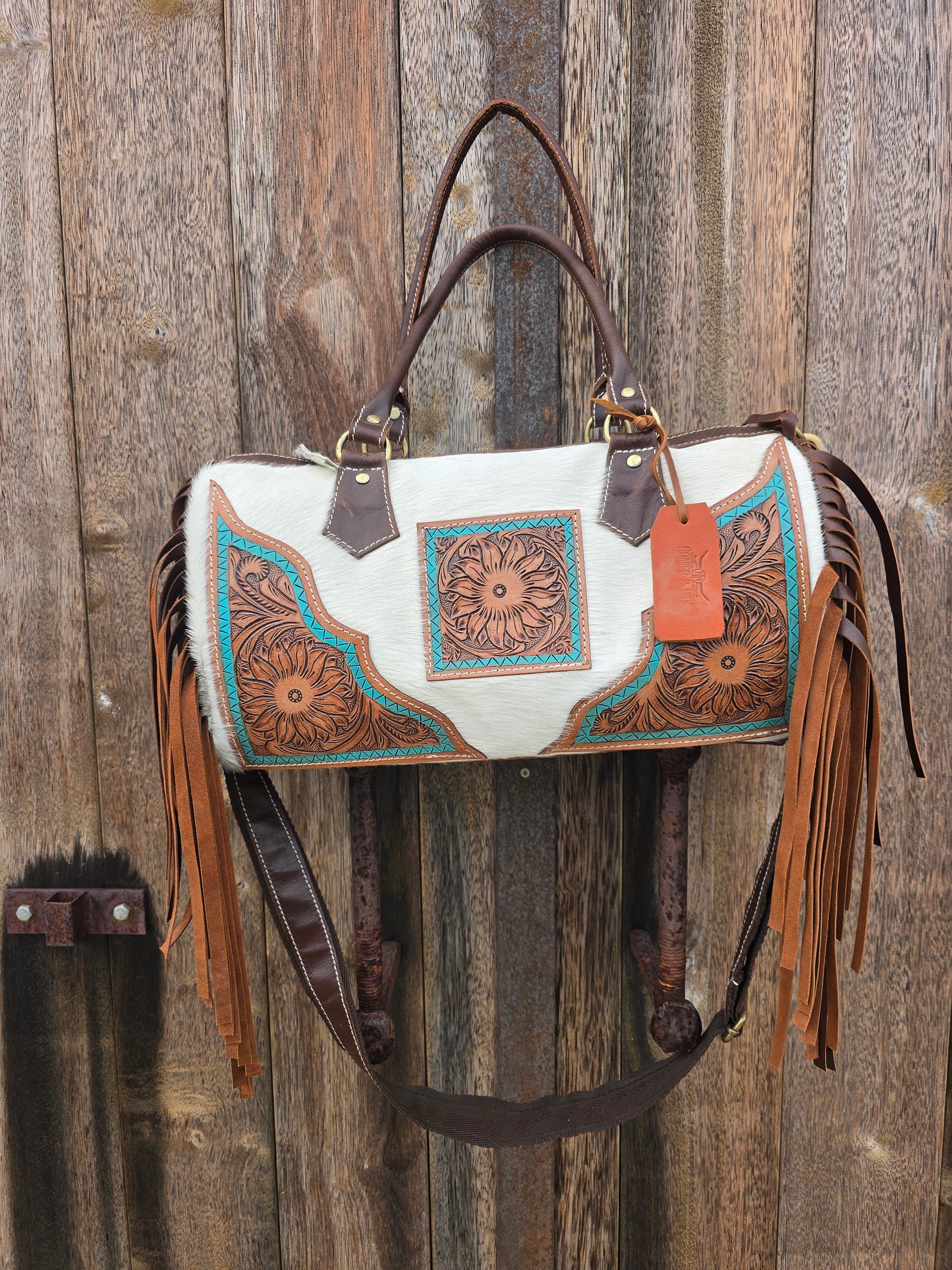 Small Tassled Hand Painted Teal Duffle Bag