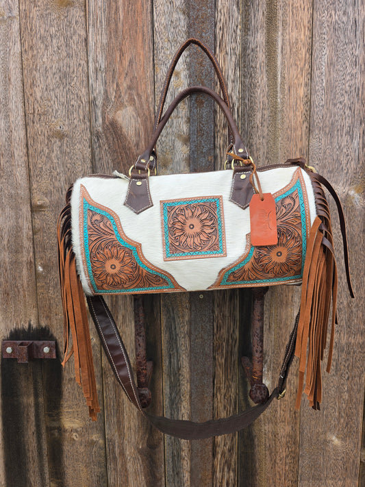 Small Tassled Hand Painted Teal Duffle Bag