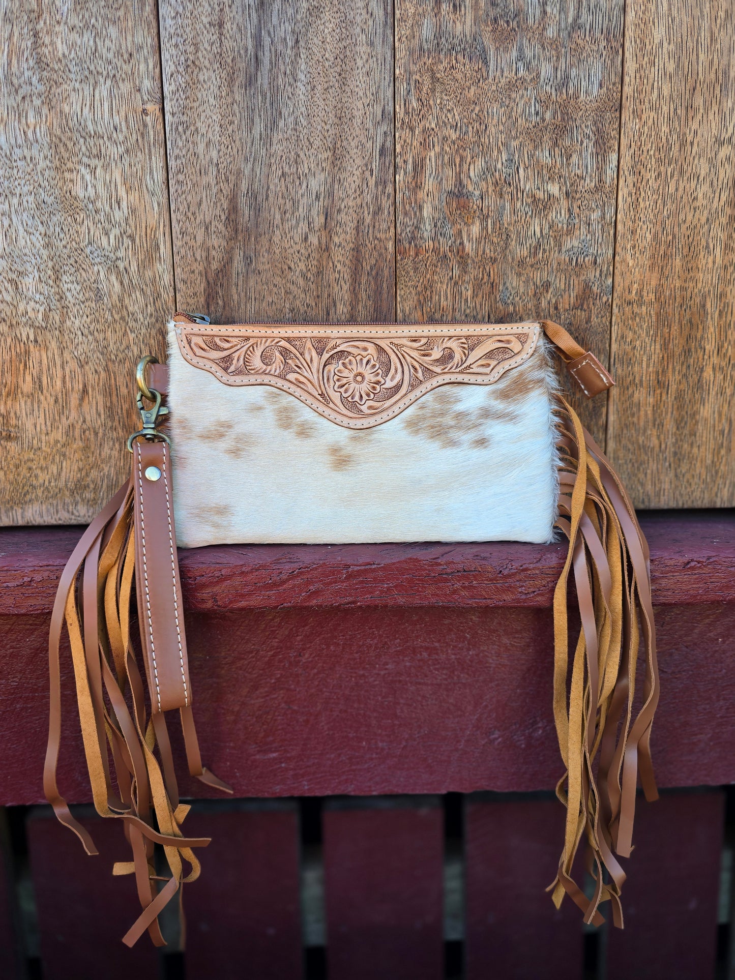 Large tooled hide clutch with tassels-Tan #02