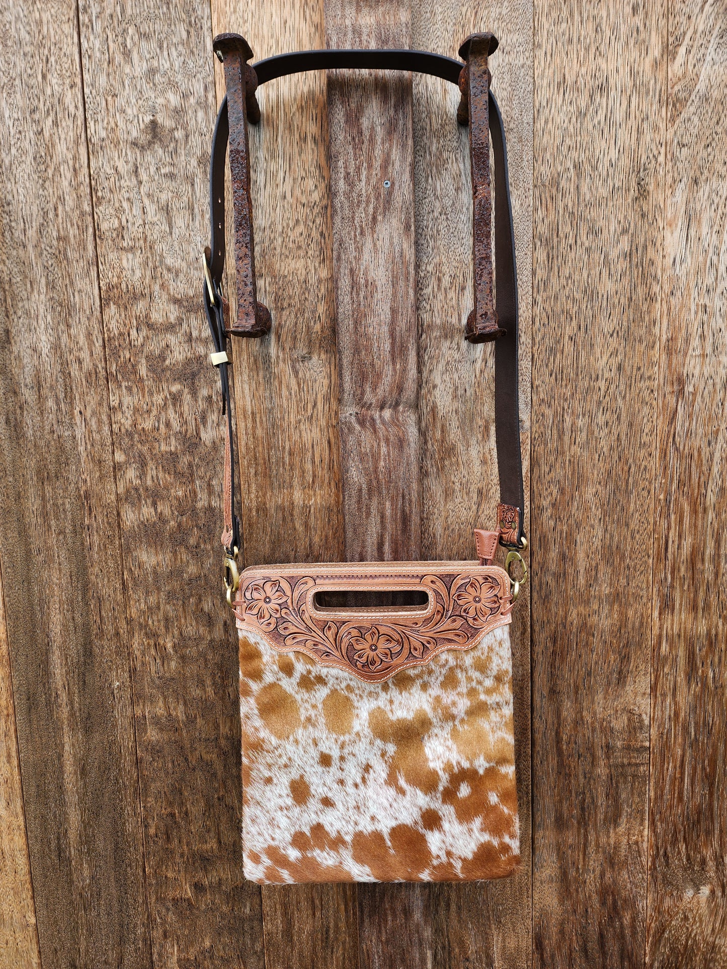 Cowhide sling bag with tooling #04