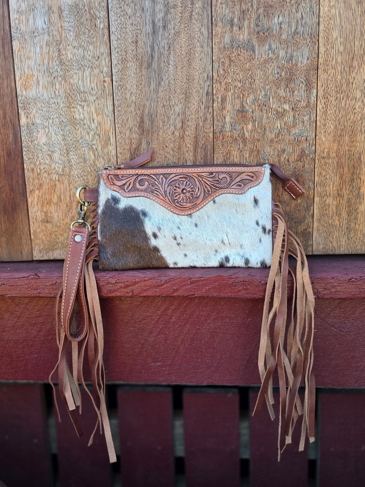 Large tooled hide clutch with tassels-Brown #07