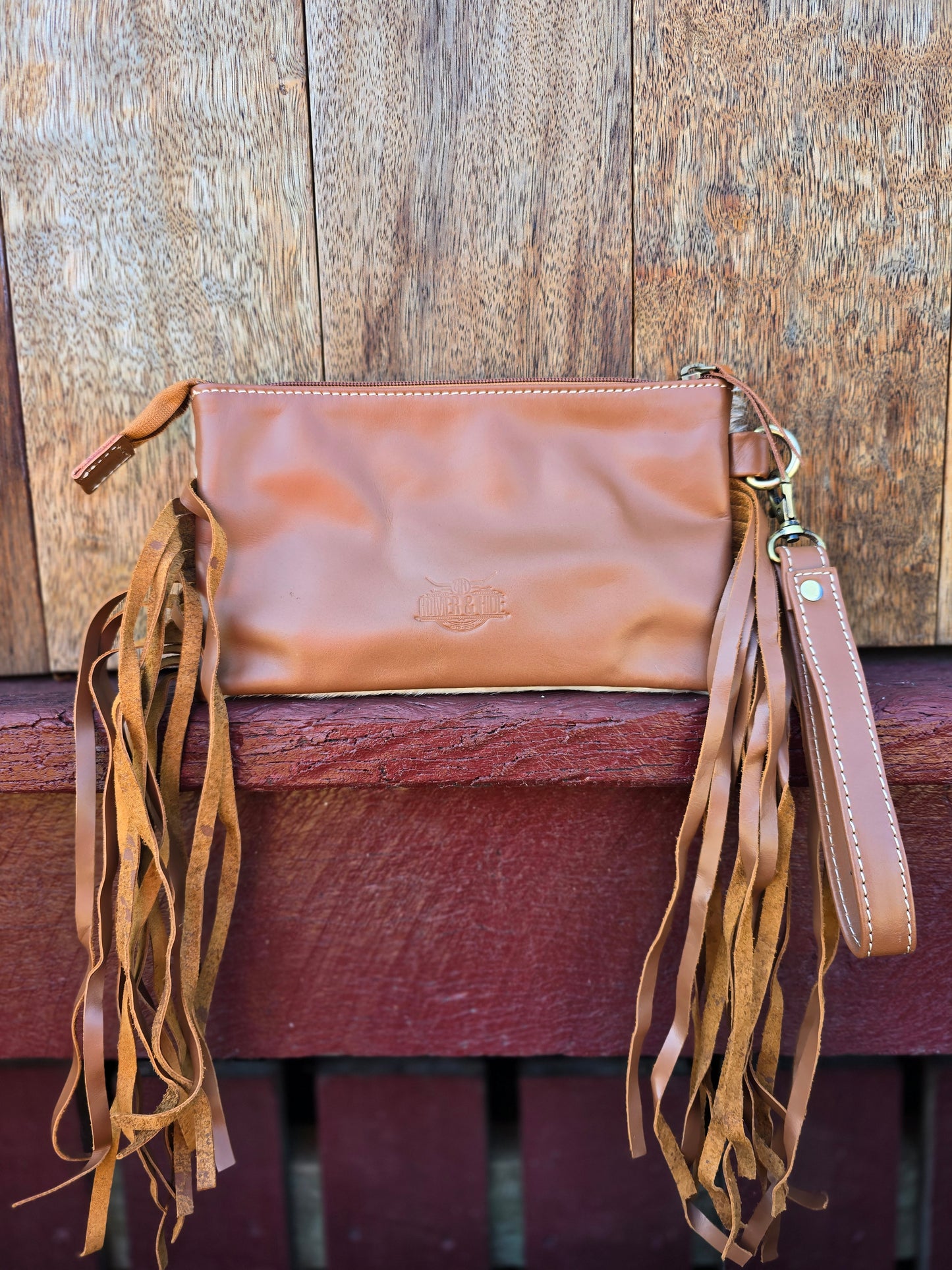 Large tooled hide clutch with tassels-Tan #09