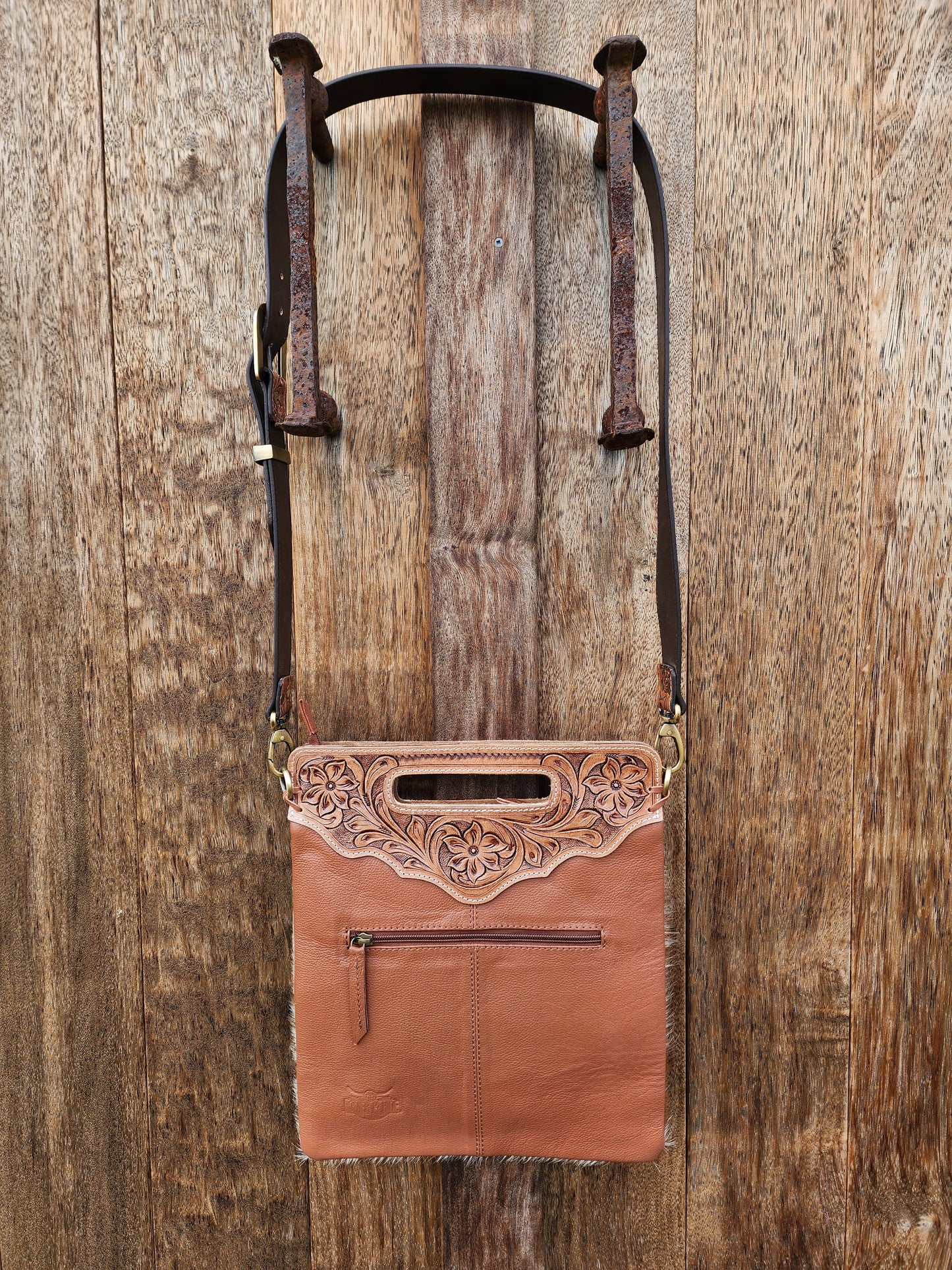 Cowhide sling bag with tooling #03