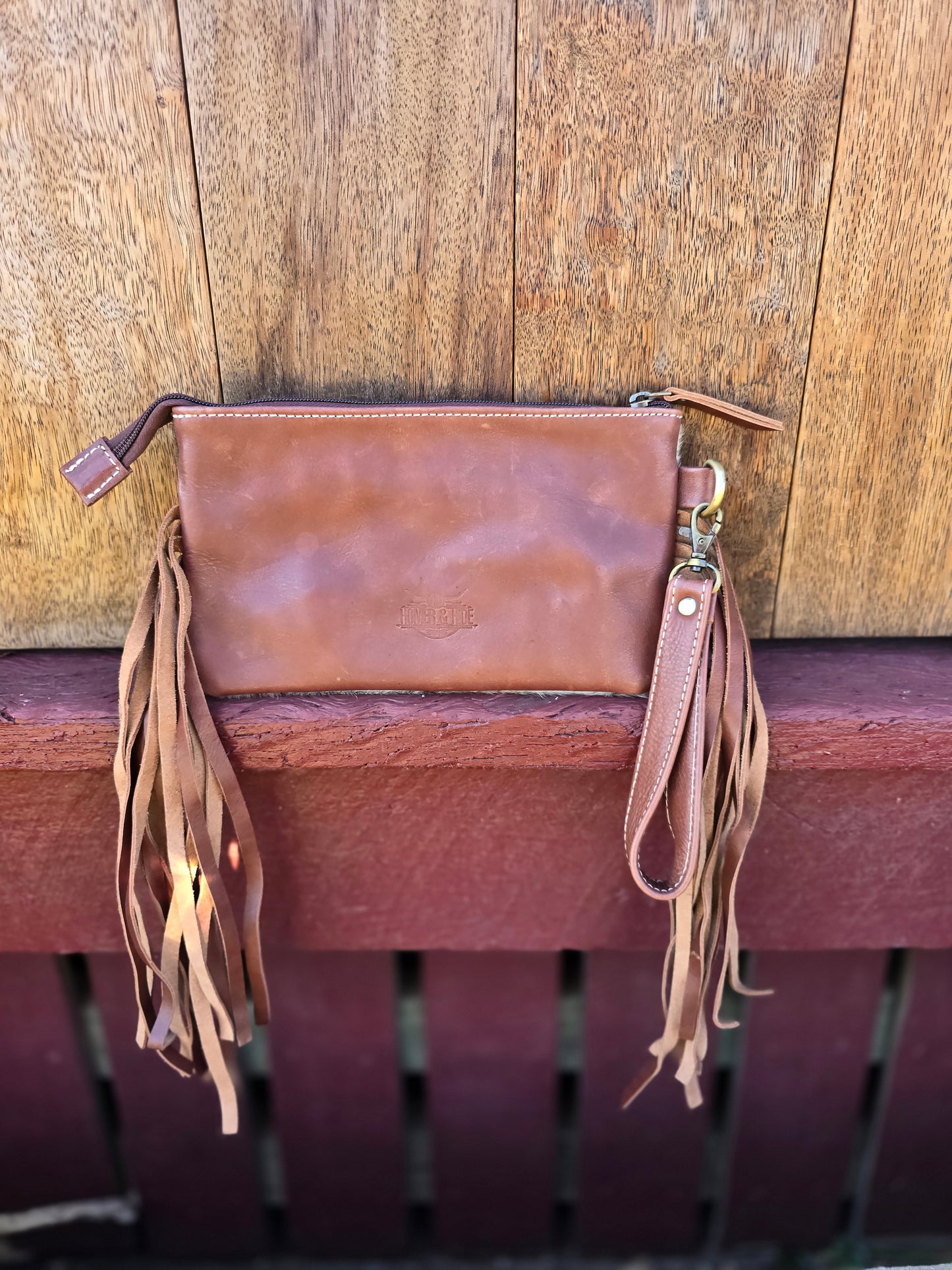 Large tooled hide clutch with tassels-Brown #02