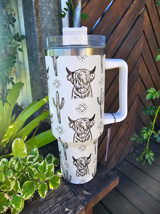 40oz Highland cow cactus star travel mug