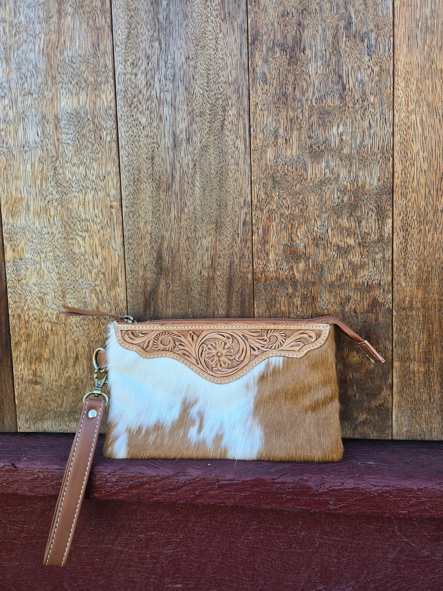 Large tooled hide clutch -Tan #09