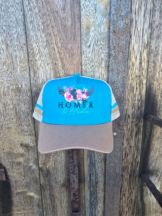 Blue brown with leopard print under brim (ponytail)