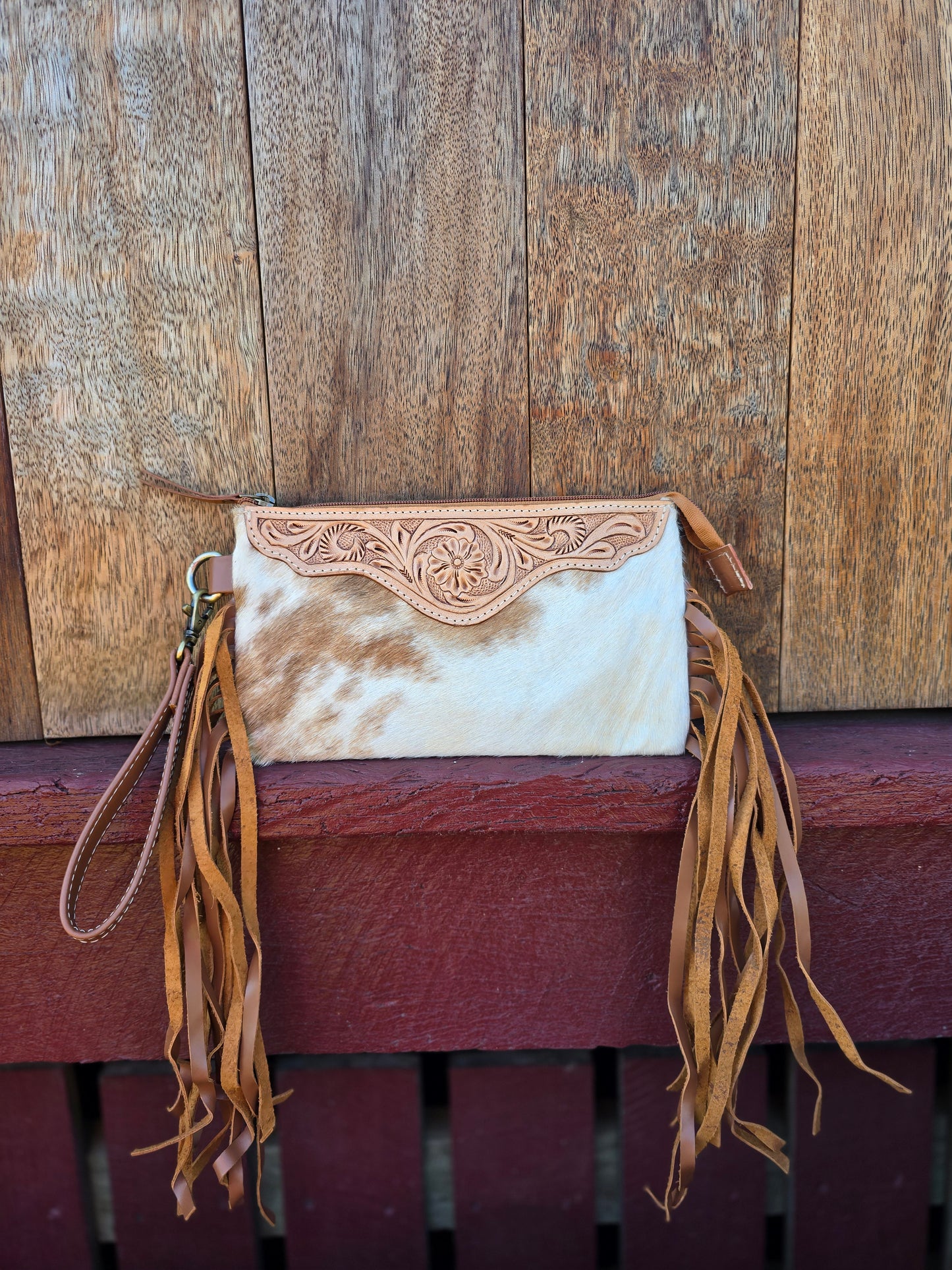 Large tooled hide clutch with tassels-Tan #03