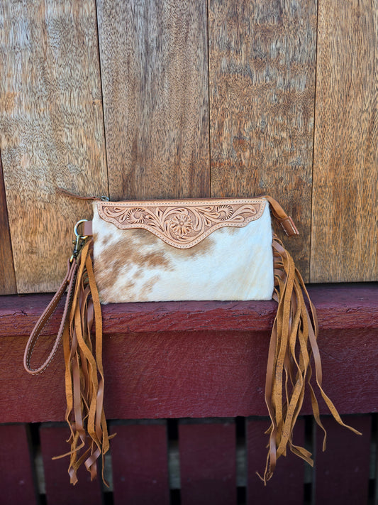 Large tooled hide clutch with tassels-Tan #03