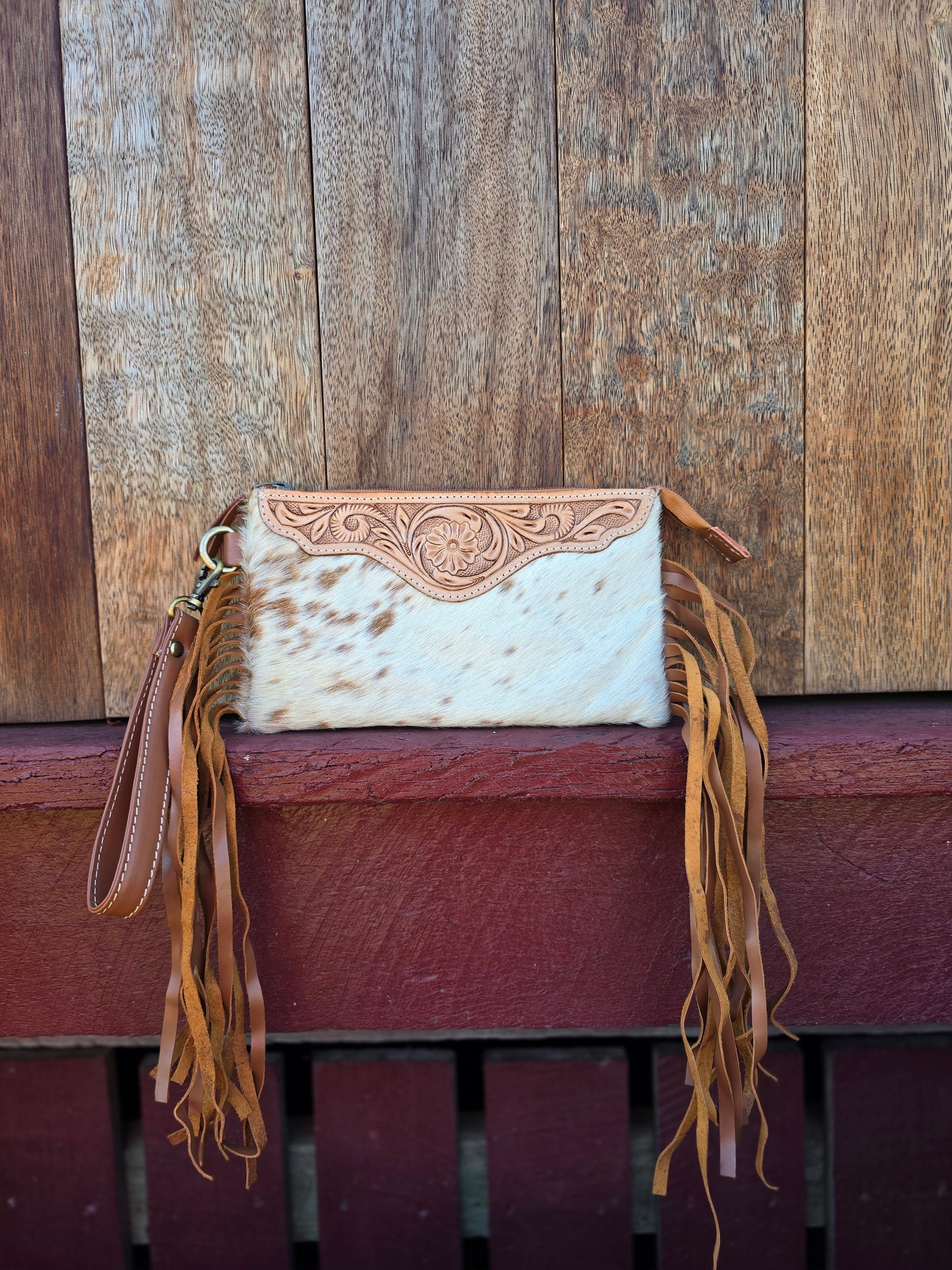 Large tooled hide clutch with tassels-Tan #04