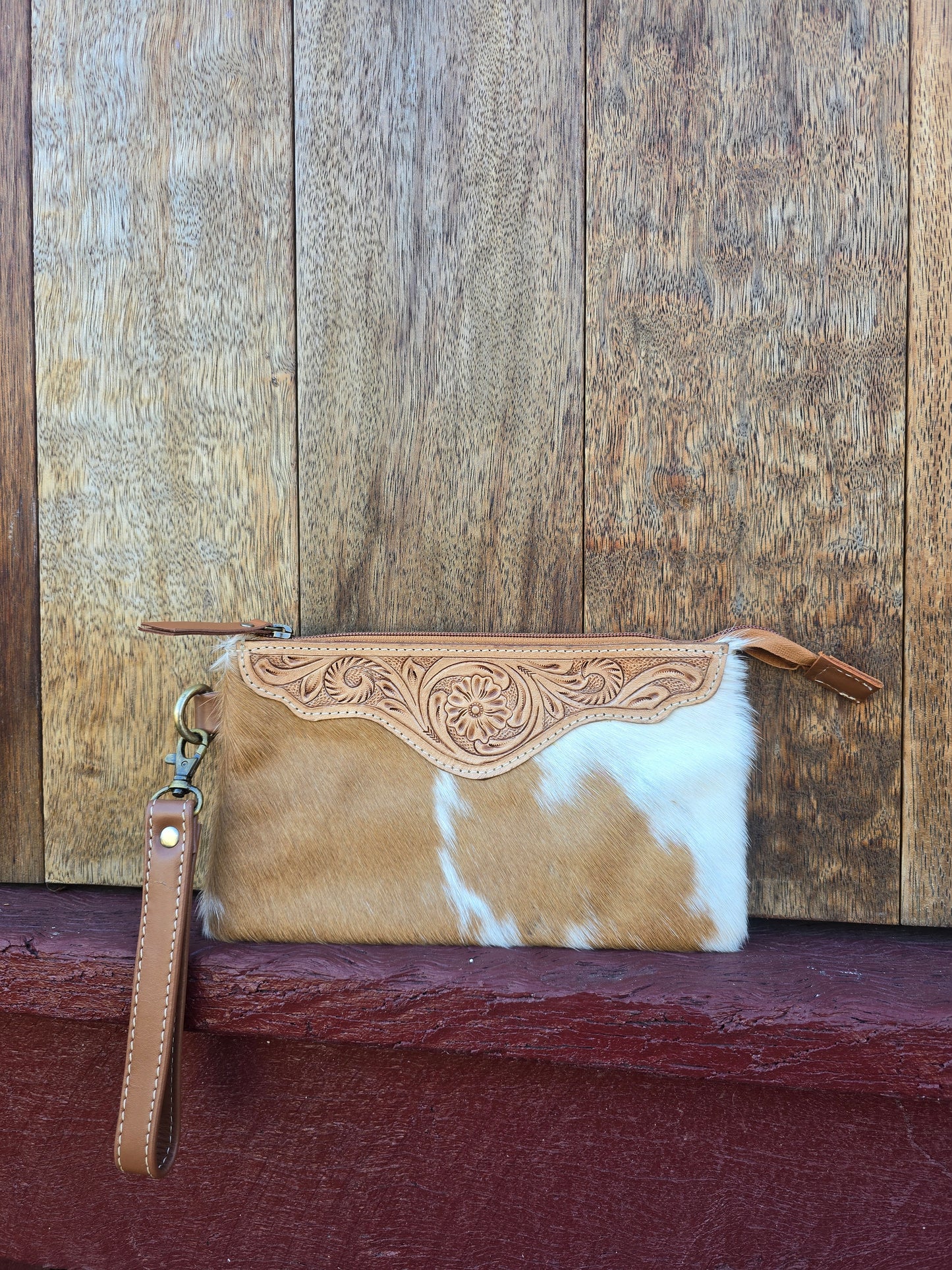 Large tooled hide clutch -Tan #02