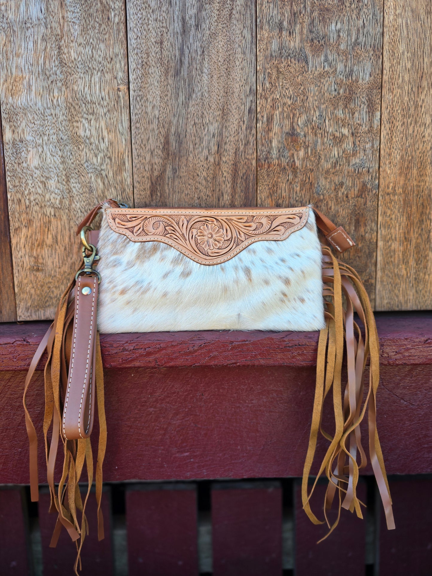 Large tooled hide clutch with tassels-Tan #08