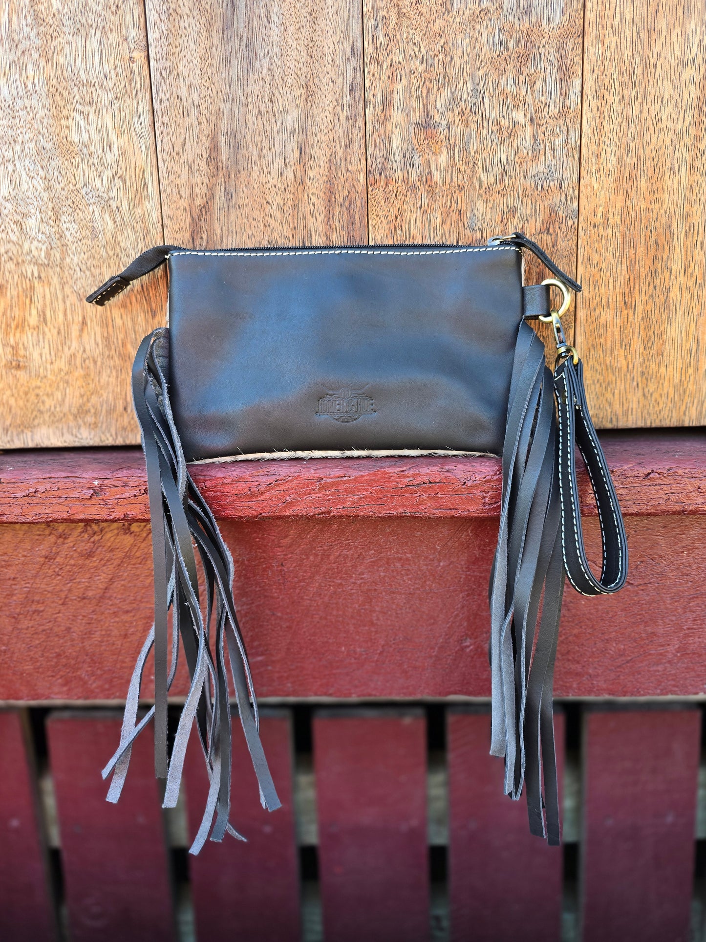 Large tooled hide clutch with tassels-Black #06