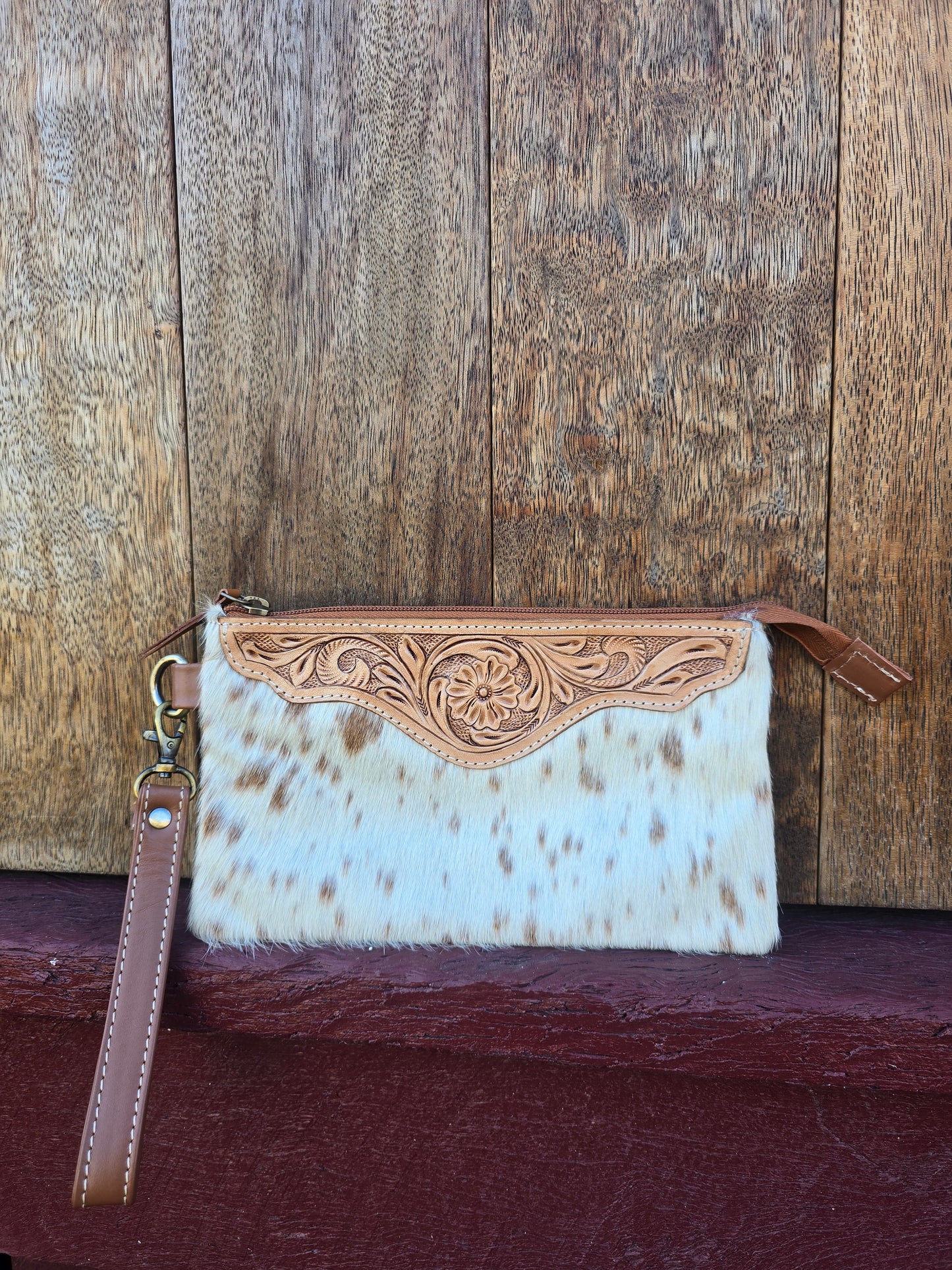 Large tooled hide clutch -Tan #05